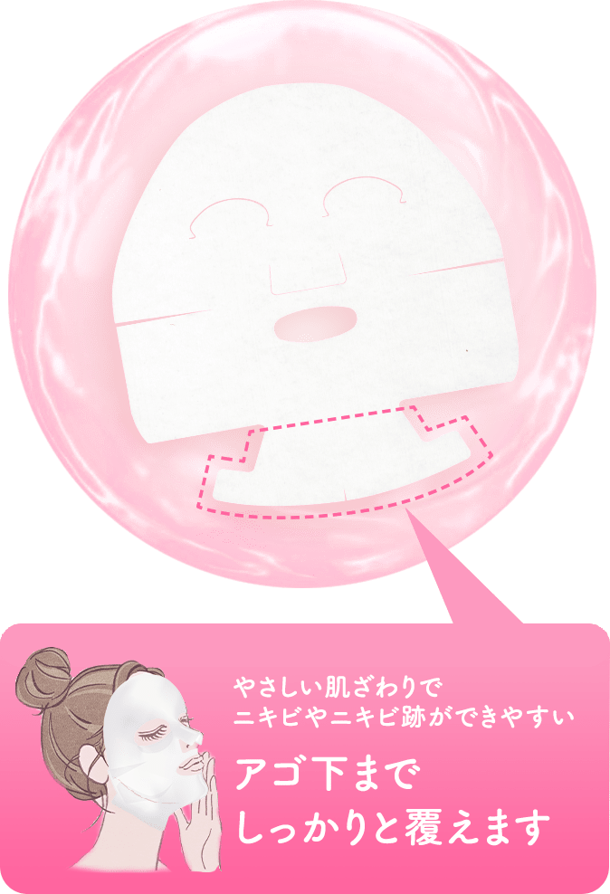 やさしい肌ざわりで　ニキビやニキビ跡ができやすい　アゴ下までしっかりと覆えます