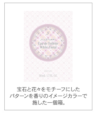 宝石と花々をモチーフにしたパターンを香りのイメージカラーで施した一個箱。
